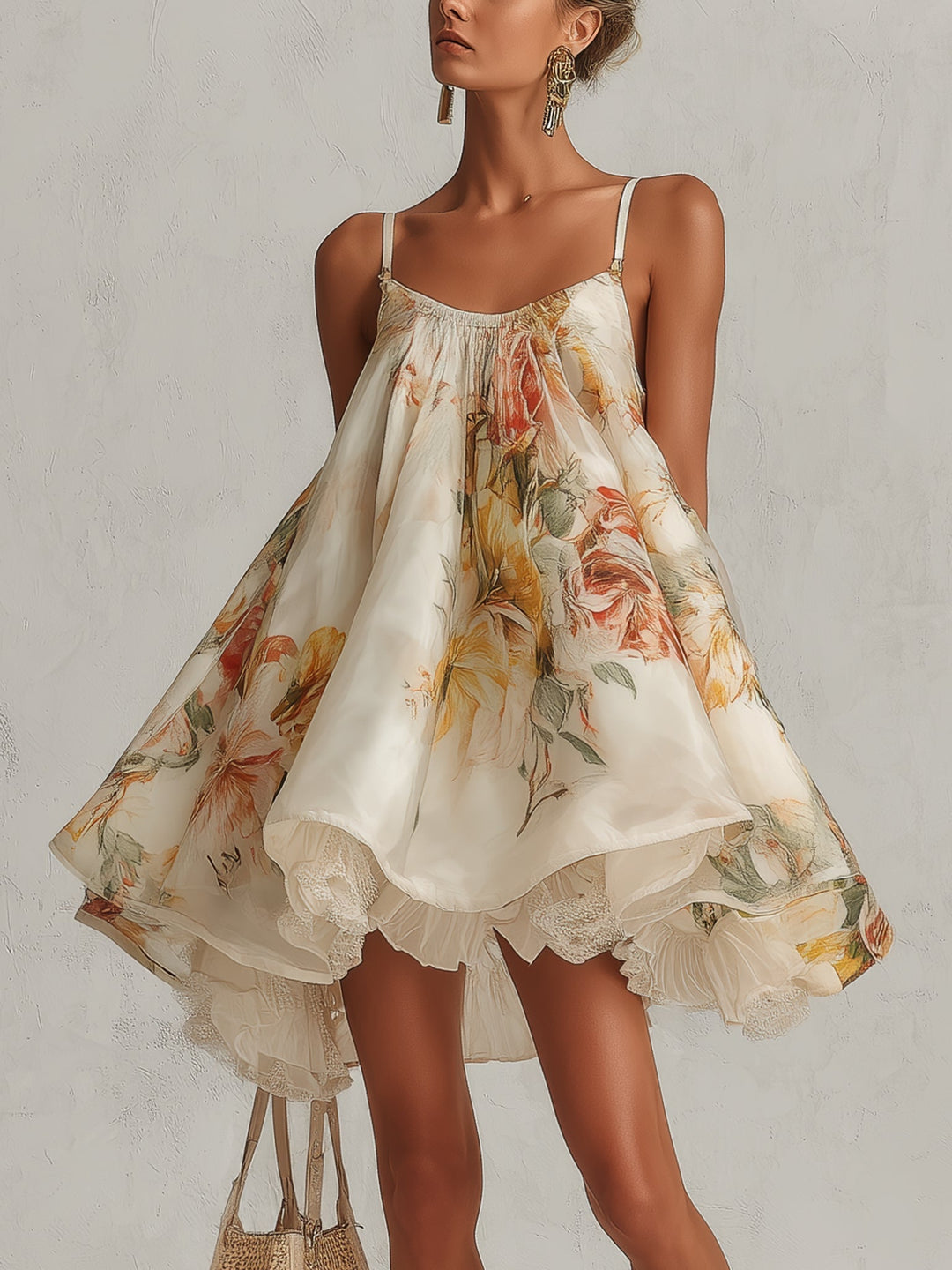 Liliana | Robe courte trapèze en organza beige à motif floral et bordure en dentelle