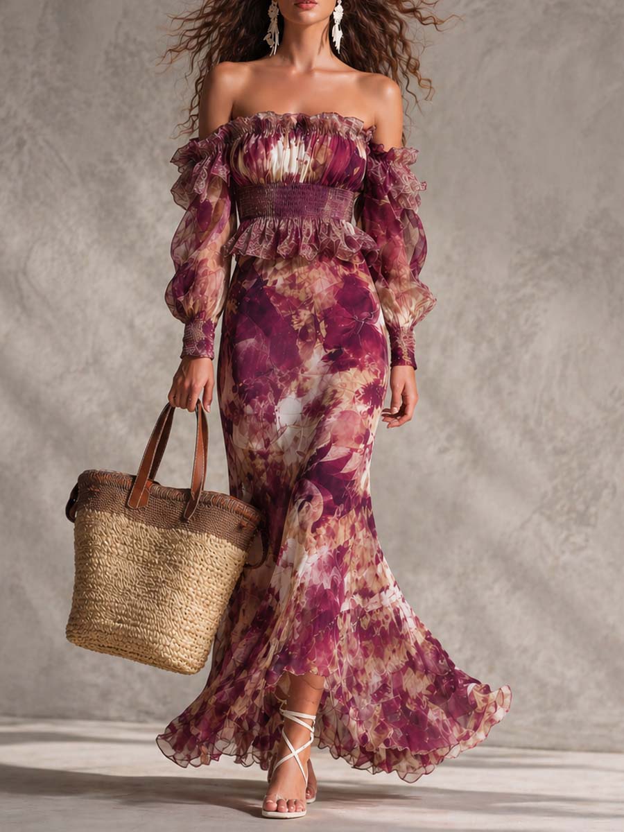 Robe longue en mousseline à épaules dénudées à imprimé floral rose