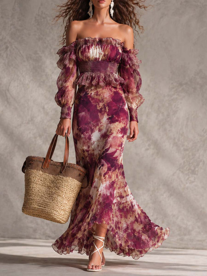 Robe longue en mousseline à épaules dénudées à imprimé floral rose