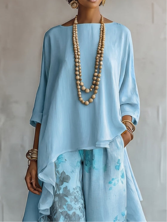 Isabella | Ensemble Top Asymétrique en Mousseline et Pantalon Large à Imprimé Floral