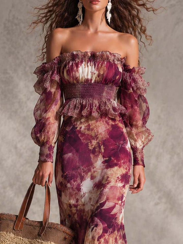 Robe longue en mousseline à épaules dénudées à imprimé floral rose
