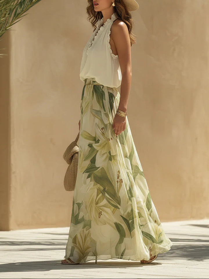 Alessandra | Top en mousseline sans manches à volants et pantalon imprimé Lilium