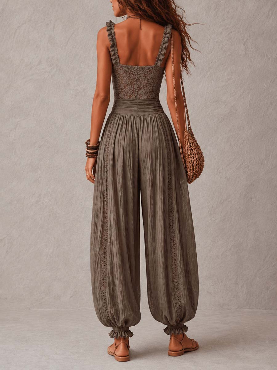 Wanda · Ensemble avec bandeau en dentelle gris et pantalon sarouel plissé