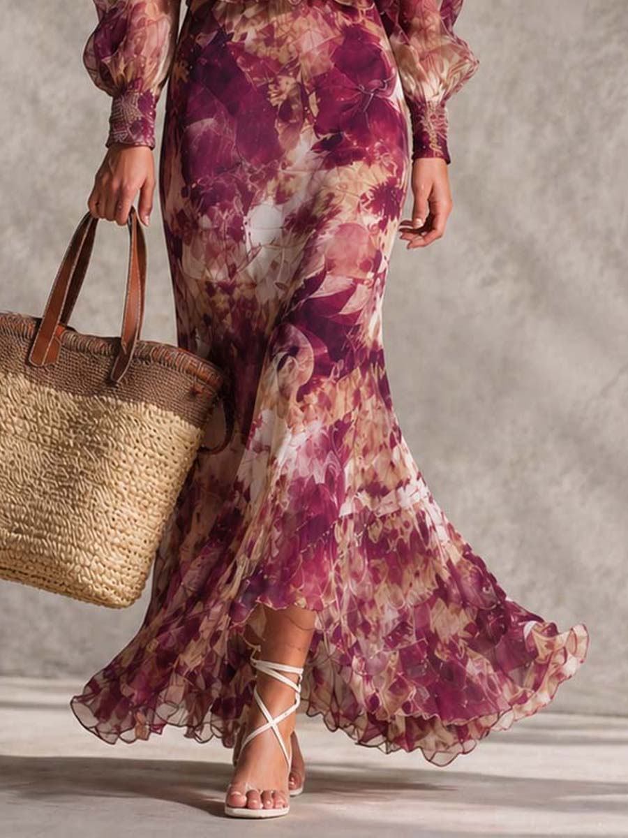 Robe longue en mousseline à épaules dénudées à imprimé floral rose
