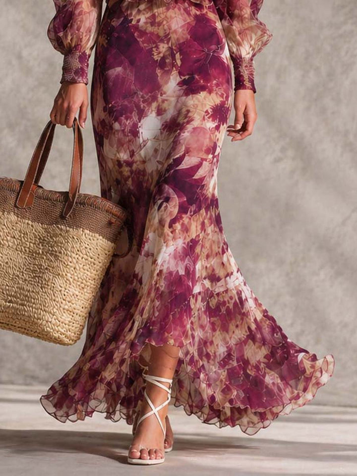 Robe longue en mousseline à épaules dénudées à imprimé floral rose