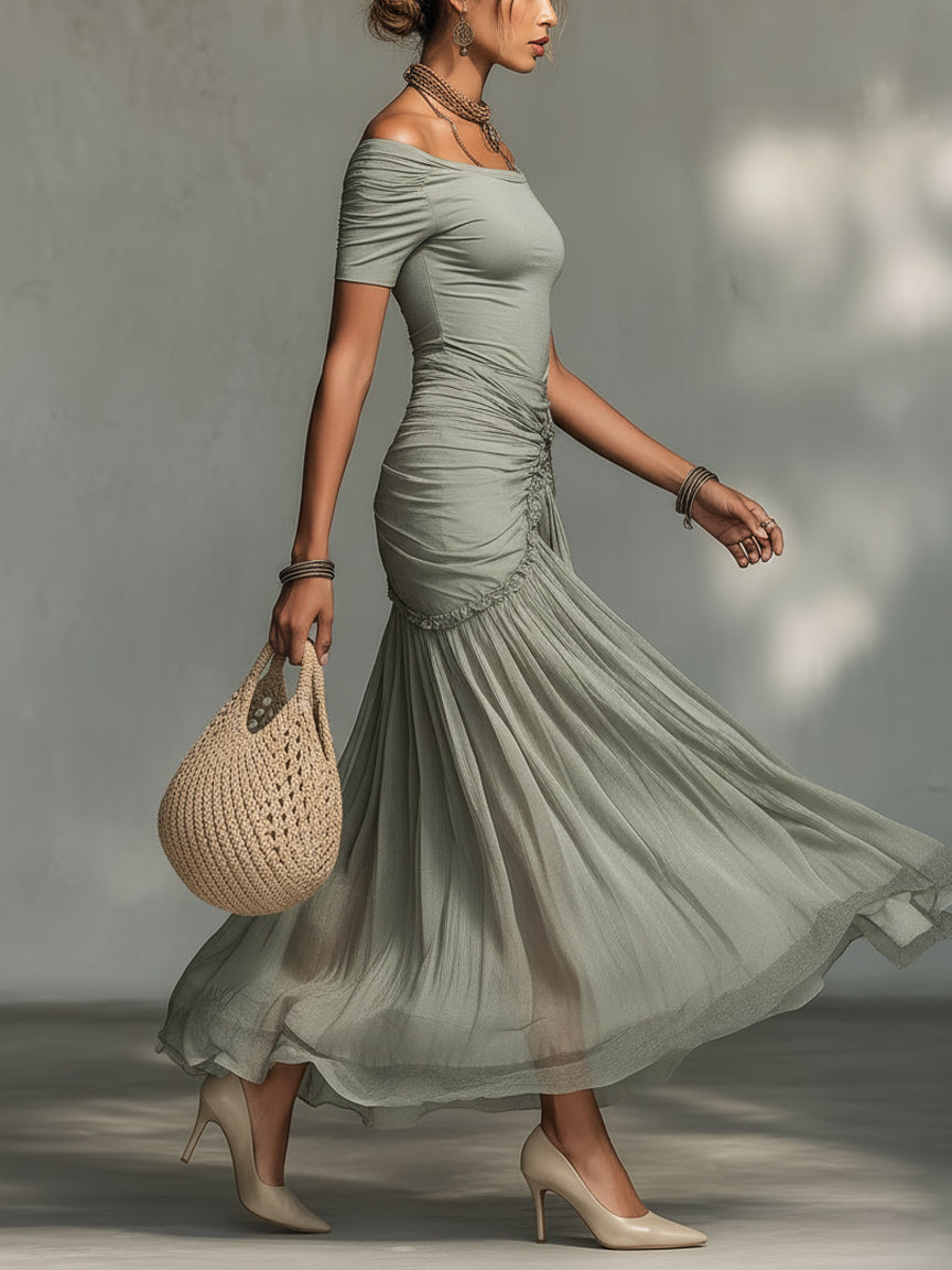 Robe Longue Grise en Tissu Extensible et Mousseline