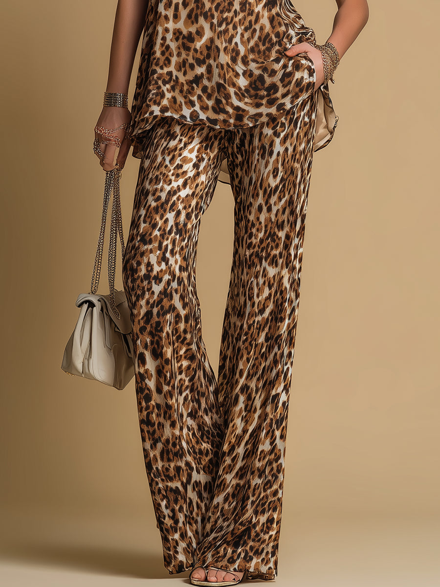 Samantha | Ensemble Top Sans Manches à Imprimé Léopard et Pantalon Évasé