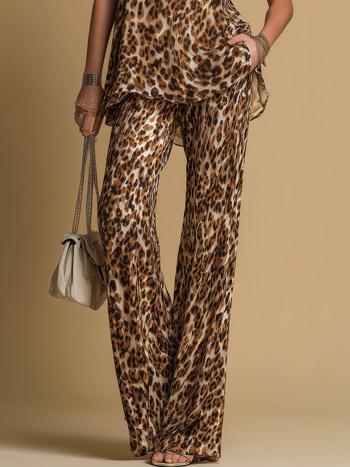 Samantha | Ensemble Top Sans Manches à Imprimé Léopard et Pantalon Évasé