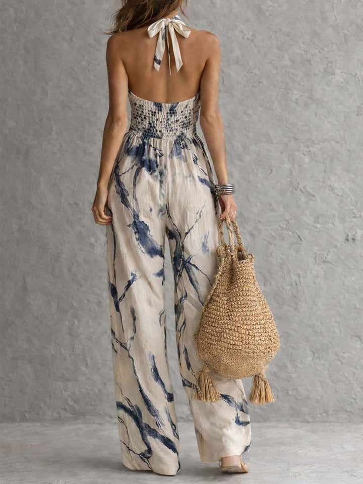 Combinaison pantalon large imprimée délavée à col halter et poches