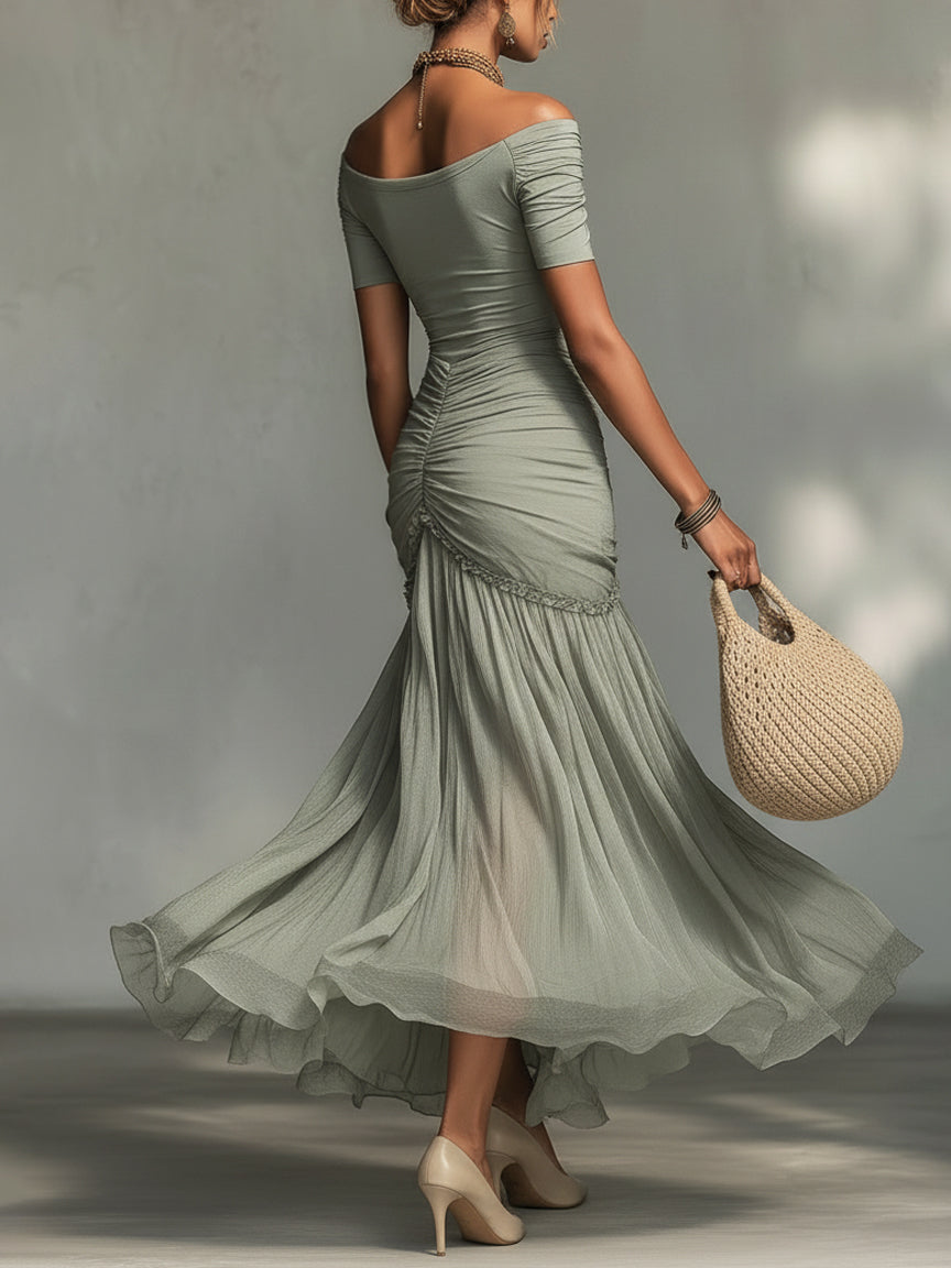 Robe Longue Grise en Tissu Extensible et Mousseline