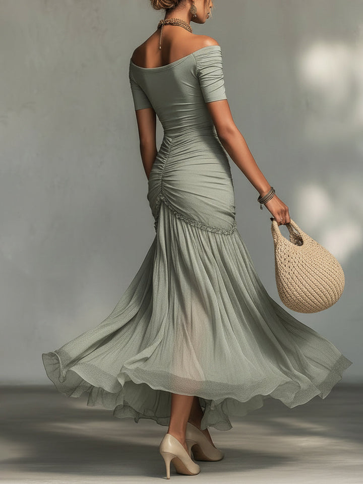 Robe Longue Grise en Tissu Extensible et Mousseline