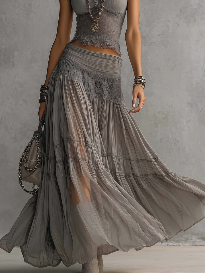 Ensemble haut en dentelle transparente et jupe longue plissée Gris