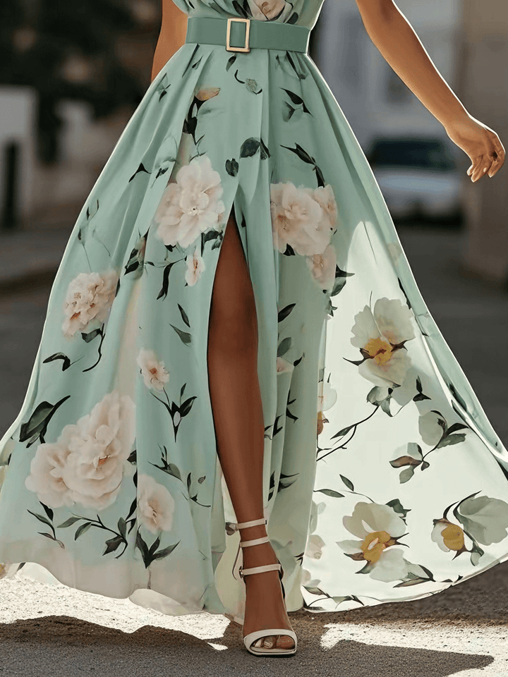 Julie | Robe Maxi Chiffon Florale à Épaules Dégagées Vert Clair
