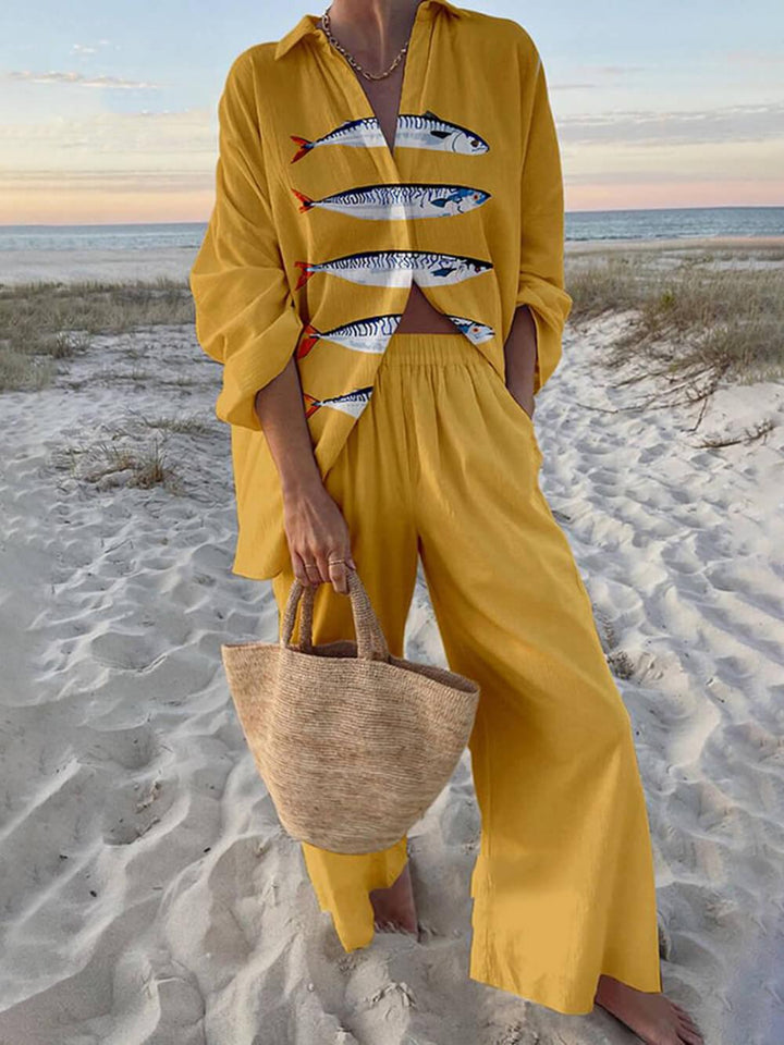 Mae | Chemise Oversize Complète avec Imprimé Océan de Style Insulaire et Pantalons avec Poches Élastiques