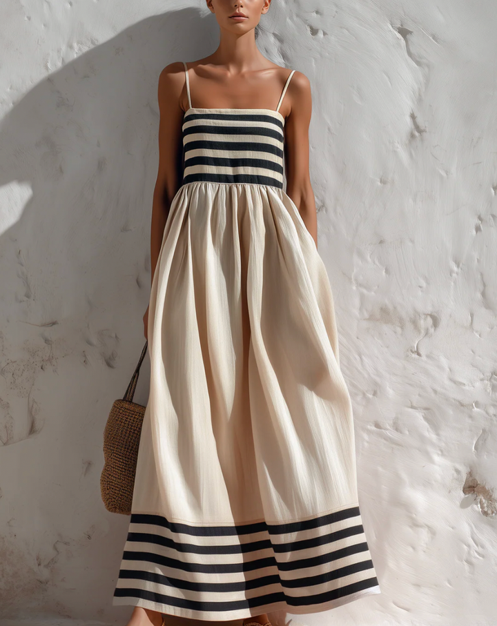 Ortensia | Robe longue à rayures noires et beige à fines bretelles