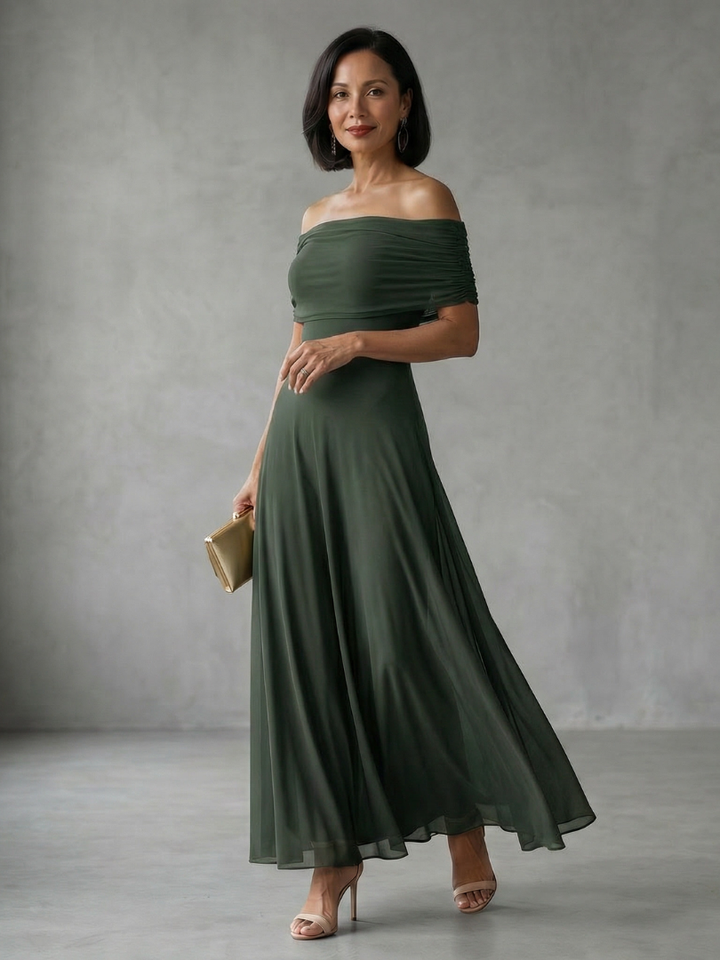 June | Robe Midi Drapée Épaules Dénudées