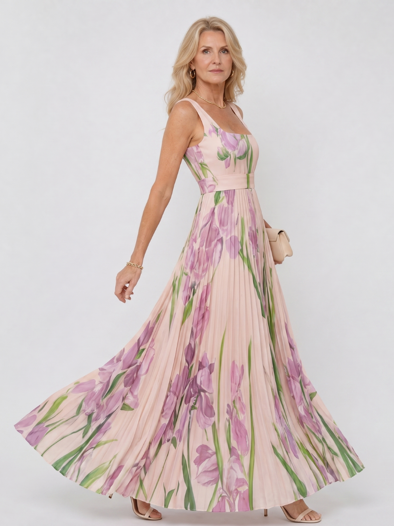 Oriana | Robe midi sans manches à encolure carrée et plis