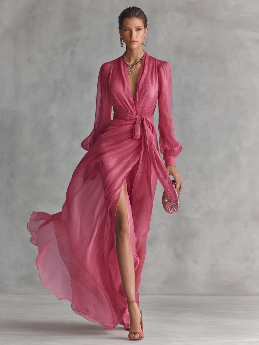 Noemi - Robe Longue en Mousseline Perlée à Décolleté en V