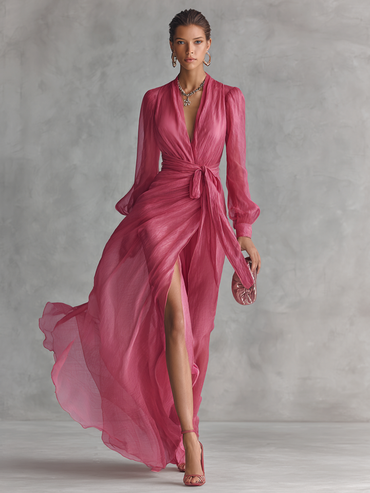 Noemi - Robe Longue en Mousseline Perlée à Décolleté en V