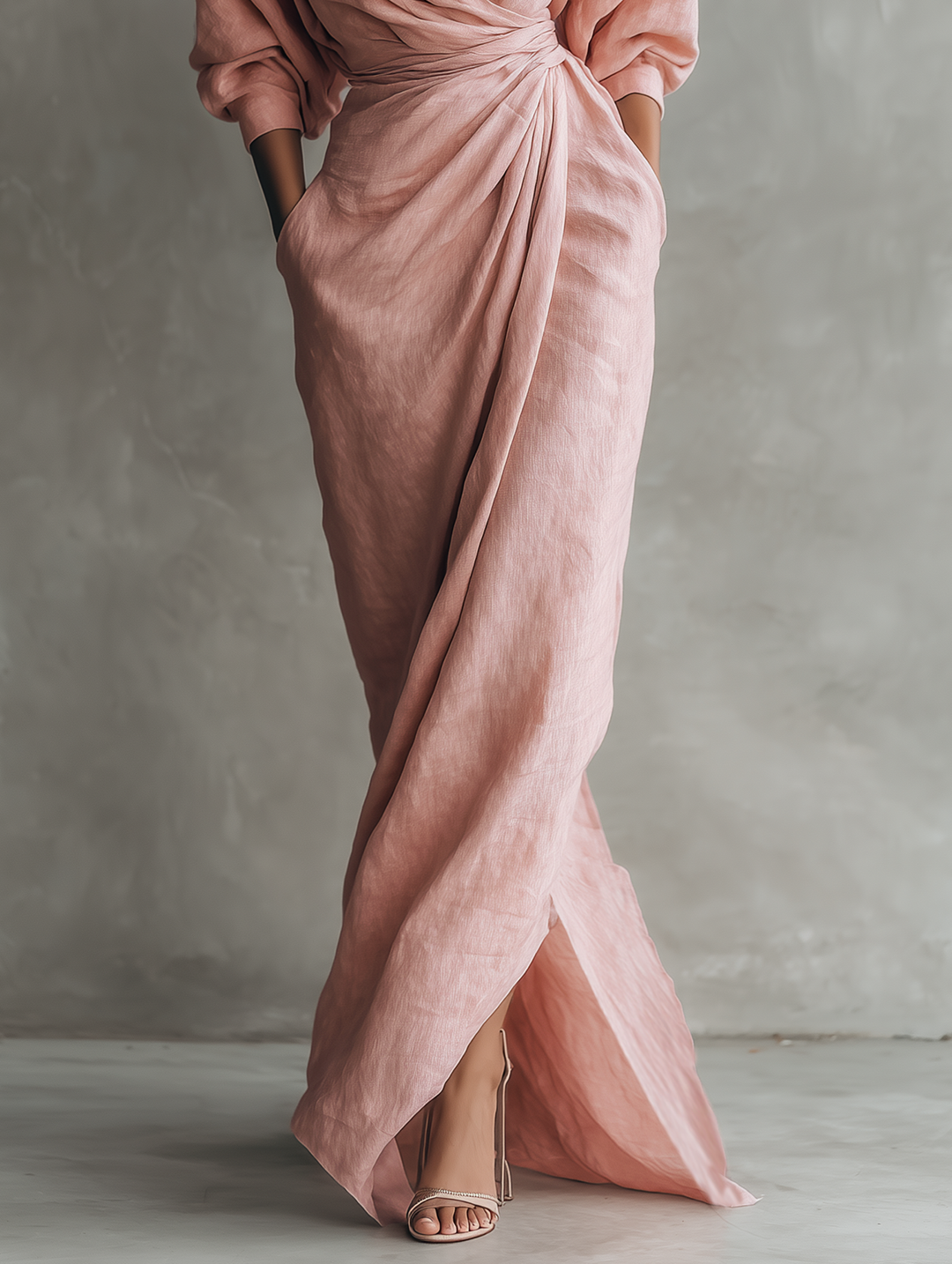 Eleonora - Robe Maxi en Lin Rose à Décolleté en V