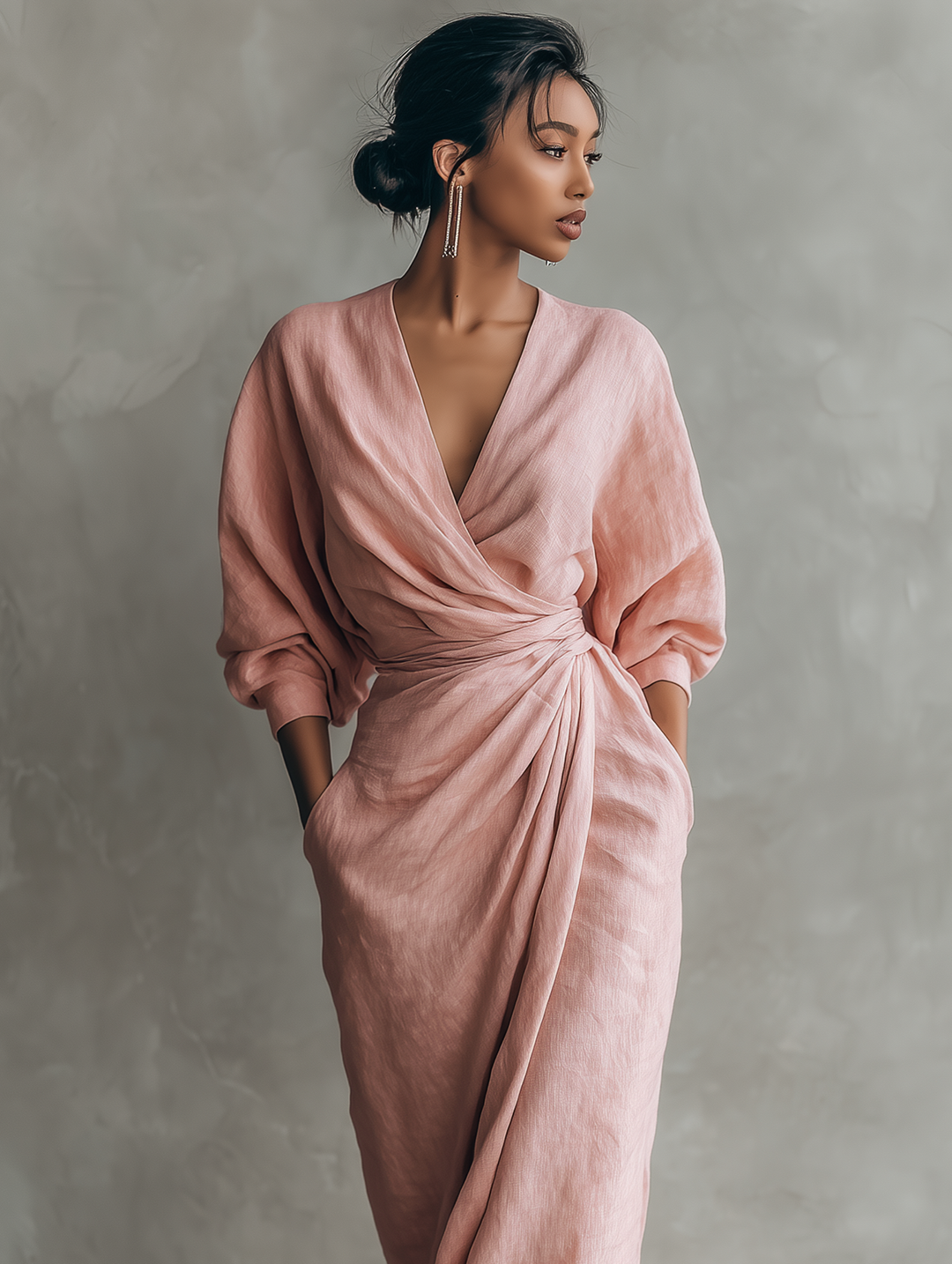 Eleonora - Robe Maxi en Lin Rose à Décolleté en V