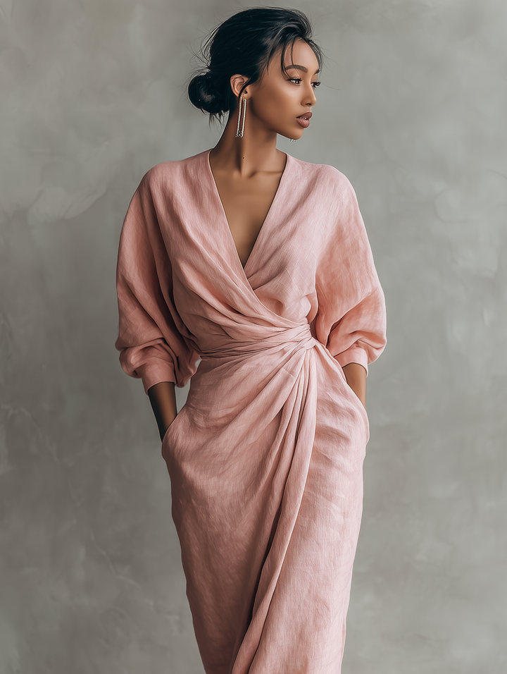 Eleonora - Robe Maxi en Lin Rose à Décolleté en V
