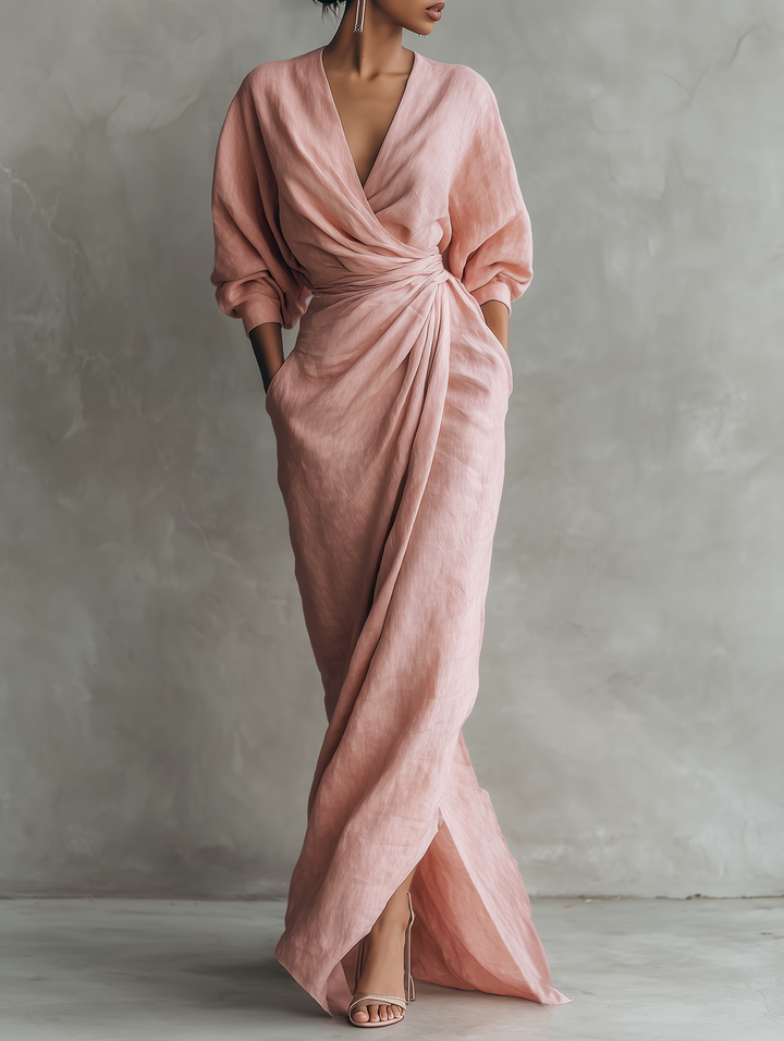 Eleonora - Robe Maxi en Lin Rose à Décolleté en V