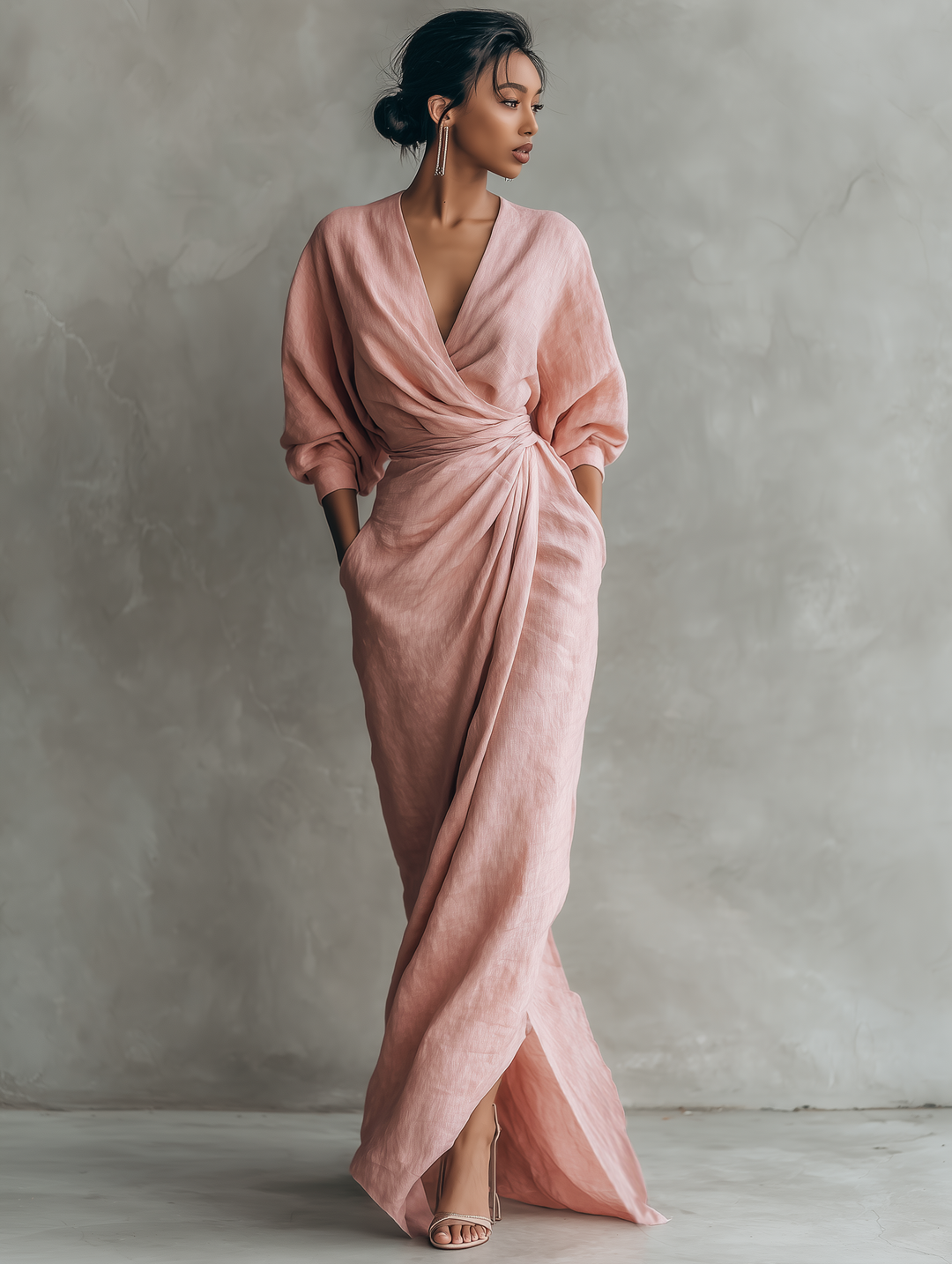 Eleonora - Robe Maxi en Lin Rose à Décolleté en V