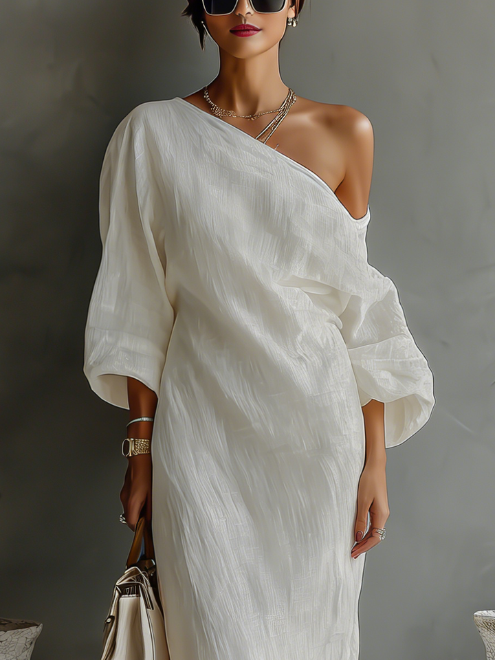 Rebecca - Robe Fluide Ivoire à Épaule Dénudée en Mélange de Lin