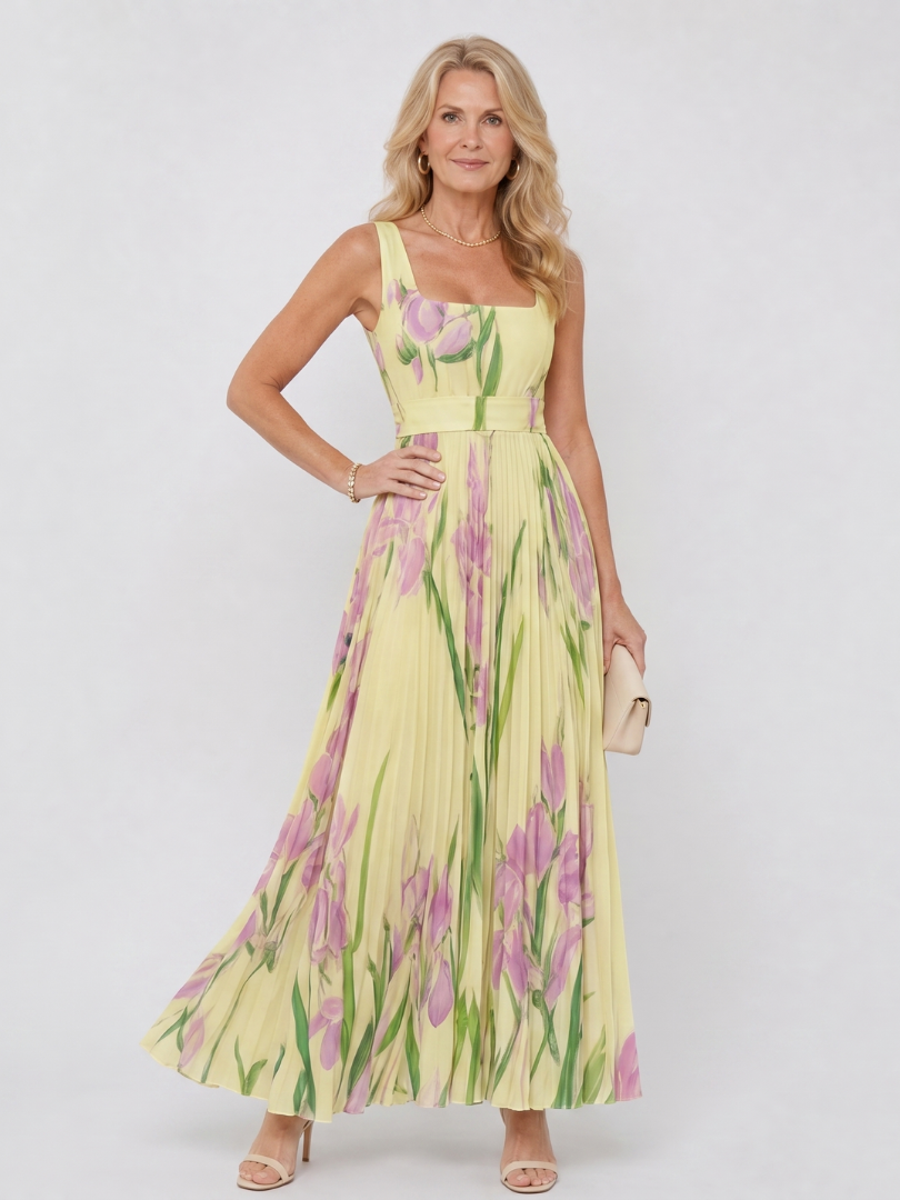 Oriana | Robe midi sans manches à encolure carrée et plis