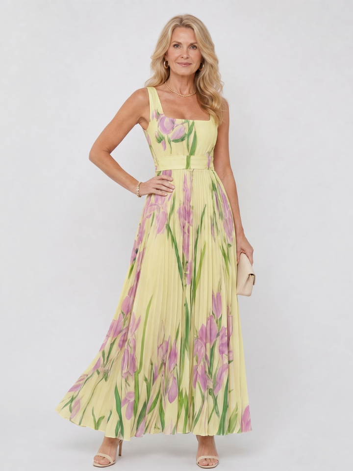 Oriana | Robe midi sans manches à encolure carrée et plis