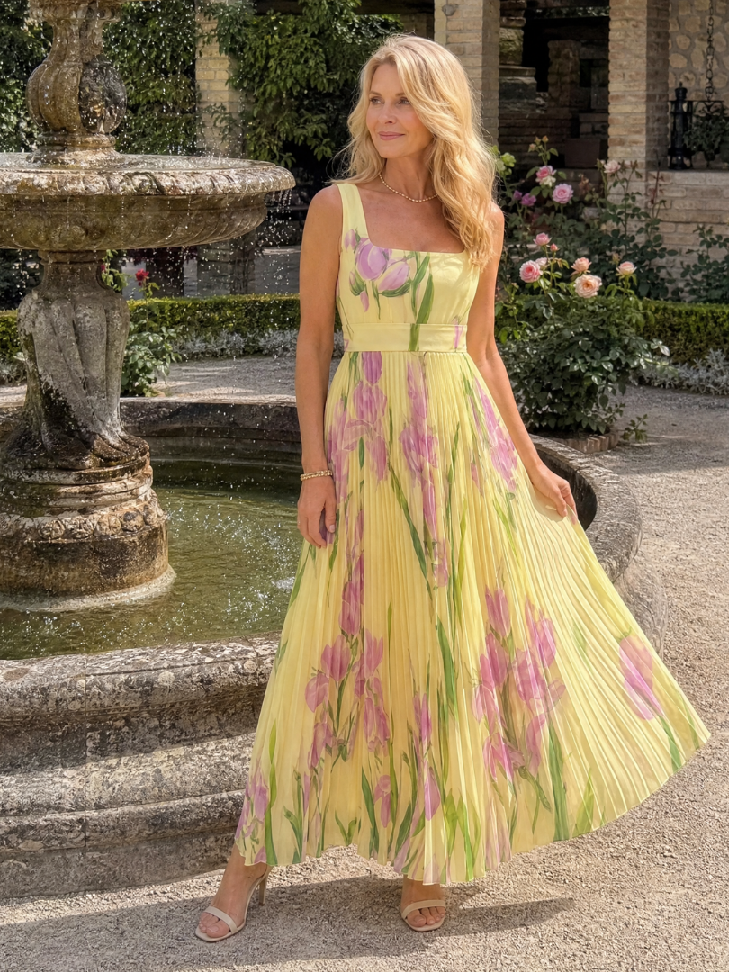 Oriana | Robe midi sans manches à encolure carrée et plis