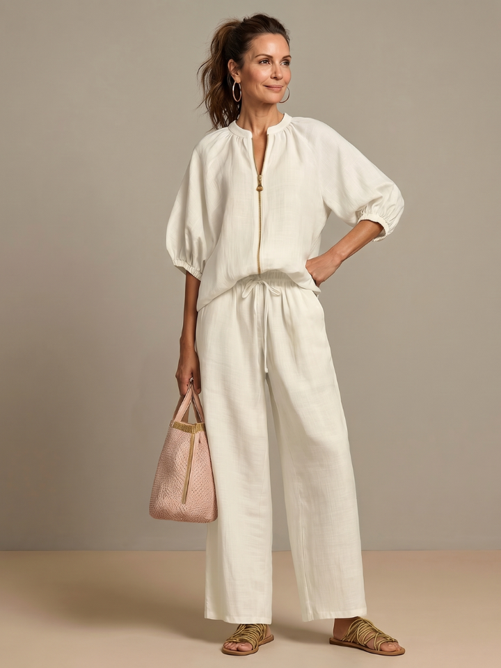 Natalia | Top Blouson avec Zip et Pantalon à Jambe Large