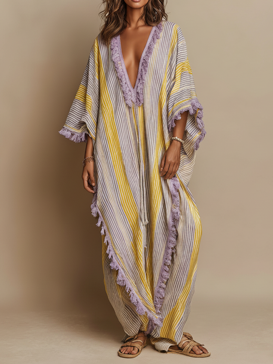 Robe longue rayée à empiècements colorés