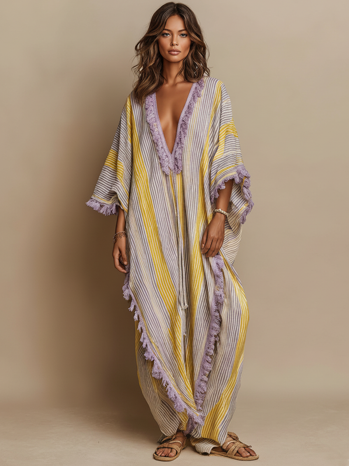 Robe longue rayée à empiècements colorés