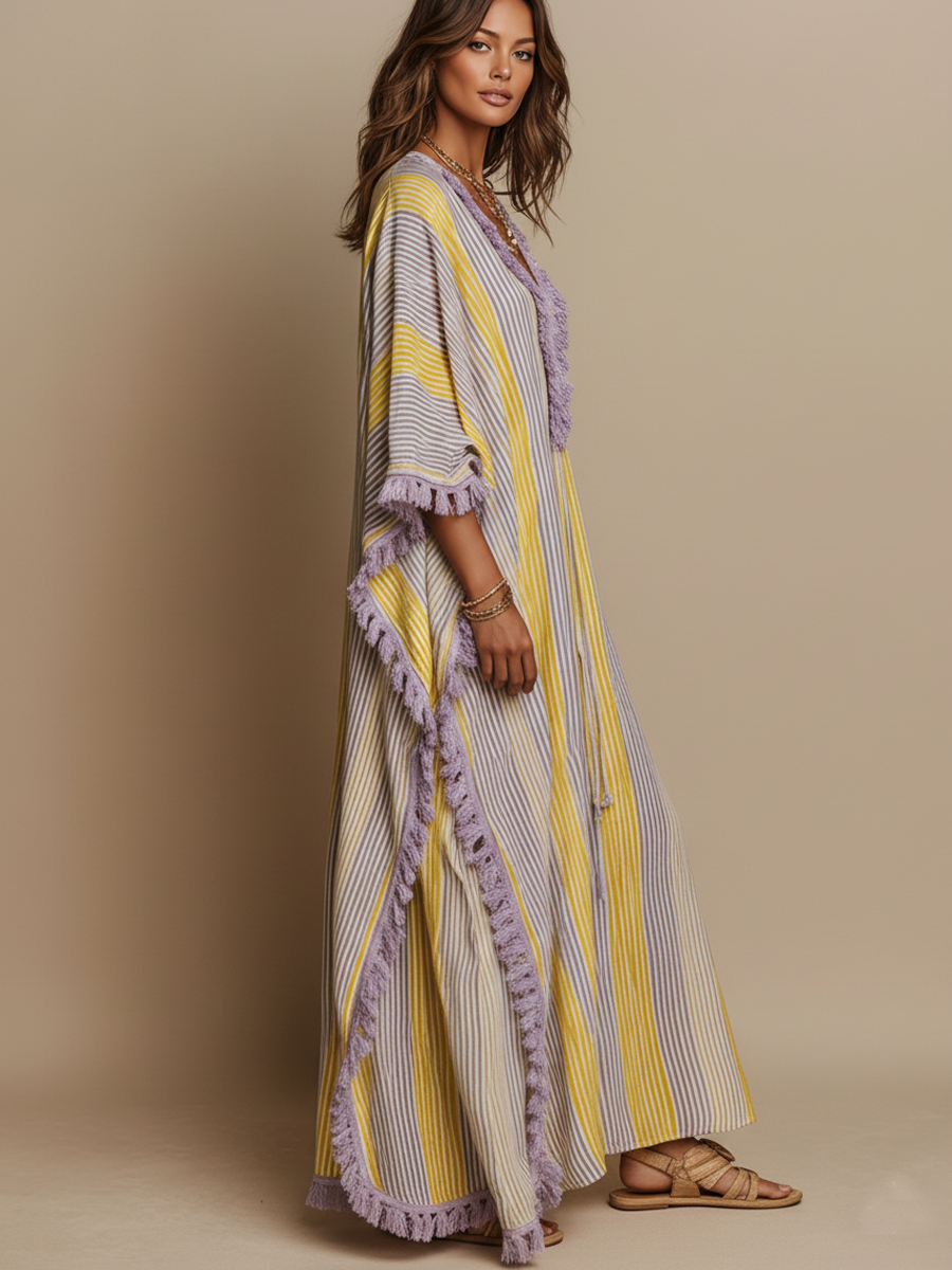 Robe longue rayée à empiècements colorés
