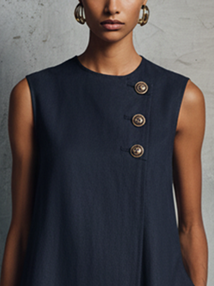 Federica | Robe Mini Marine Sans Manches à Col Rond et Détail Boutonné