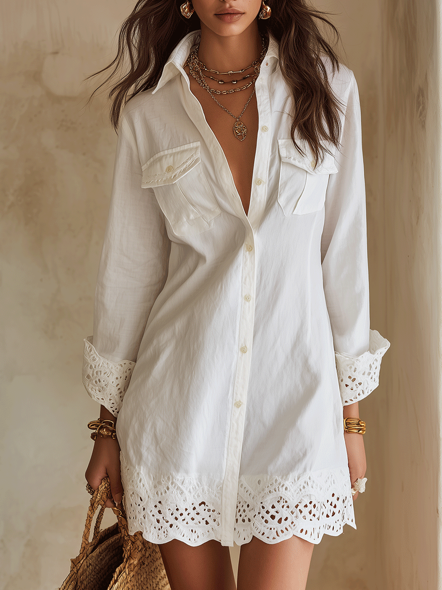 Chemise et robe de chambre blanches bohèmes à ourlet ajouré, style resort.