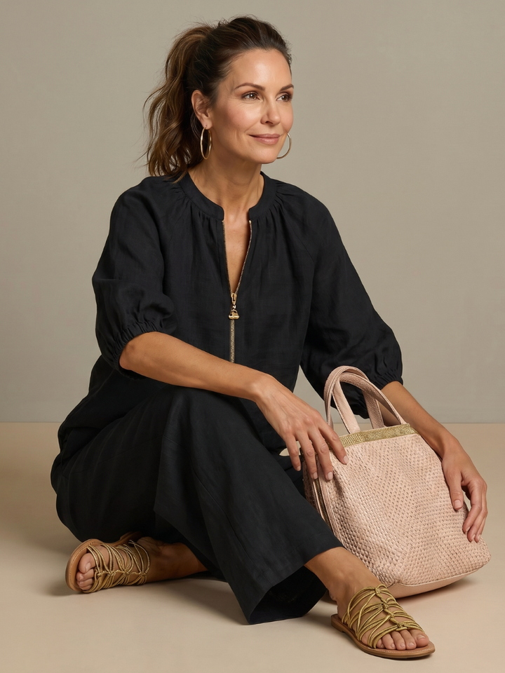Natalia | Top Blouson avec Zip et Pantalon à Jambe Large