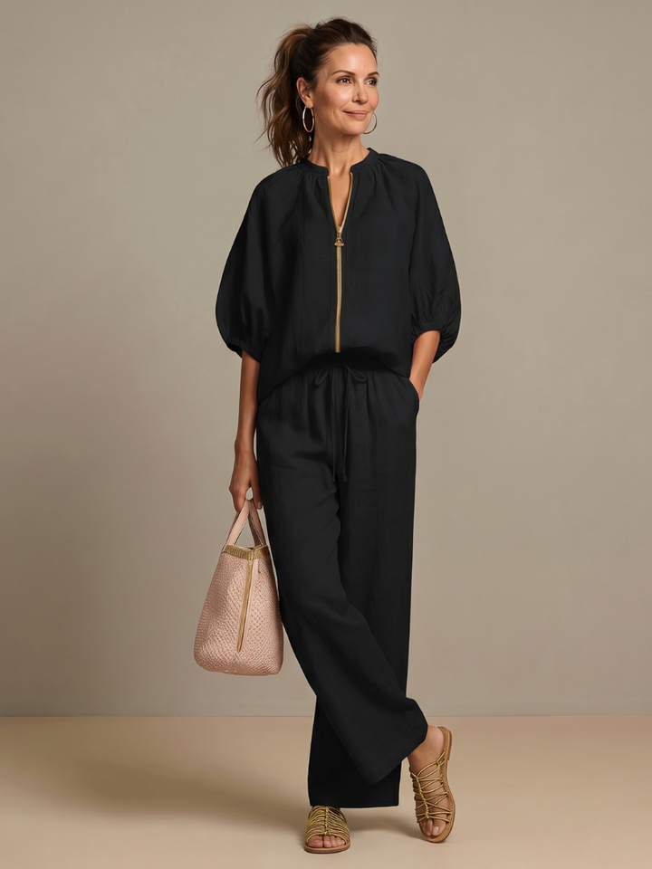 Natalia | Top Blouson avec Zip et Pantalon à Jambe Large