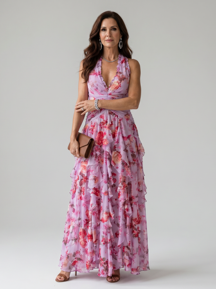 Nori | Robe Maxi Halter Corsage Froncé à Imprimé Floral