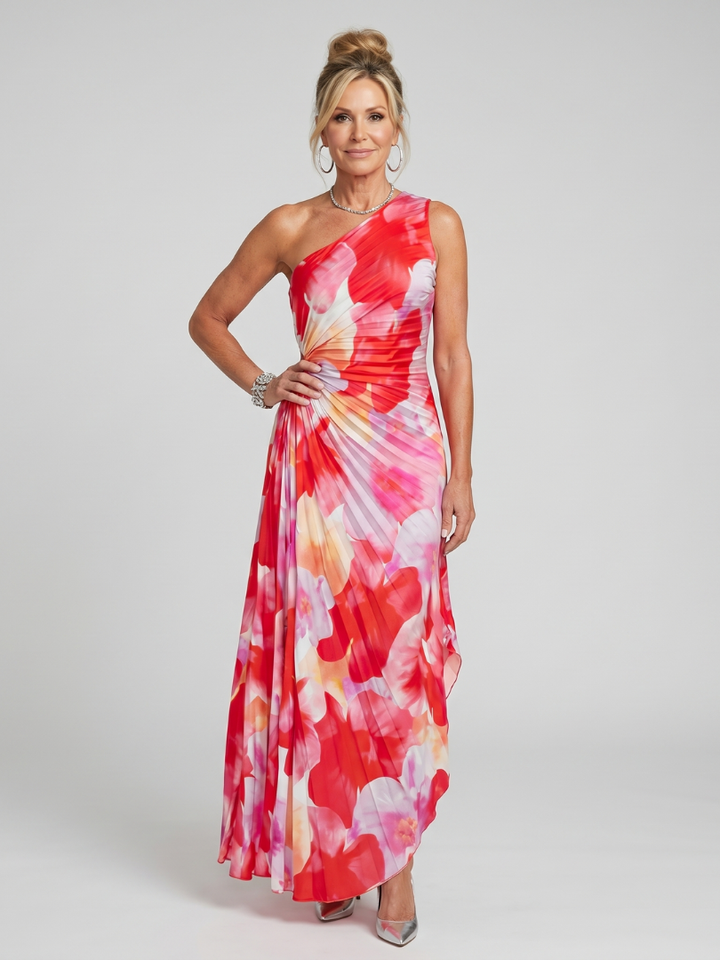 Taya | Robe Midi Une Épaule Corsage Plissé