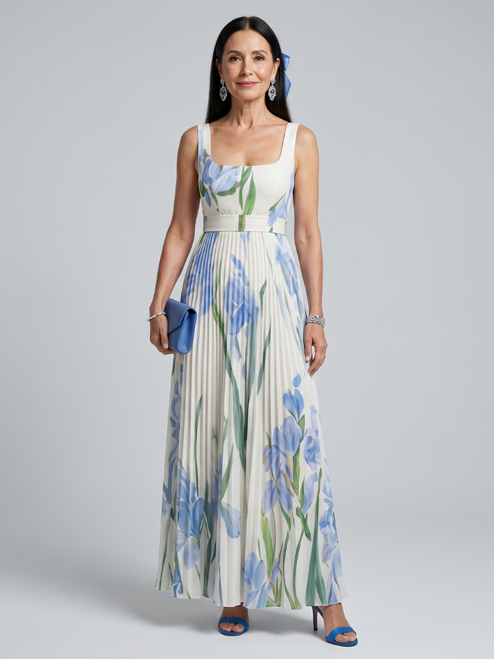 Ophelia | Robe Midi Sans Manches Col Carré à Imprimé Floral