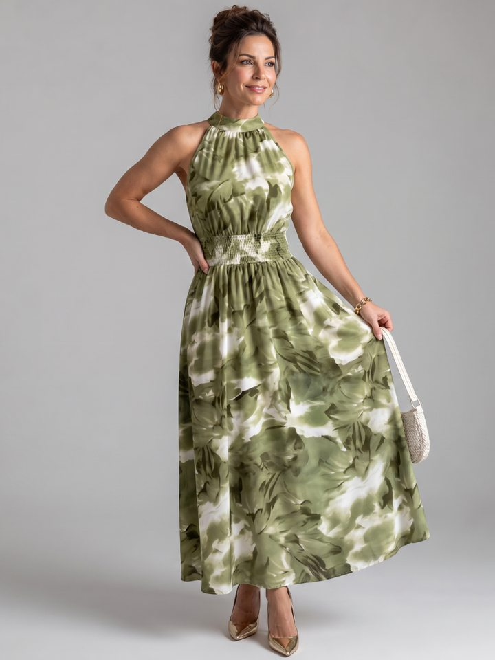 Olivia | Robe Midi Halter Froncée à Imprimé Abstrait