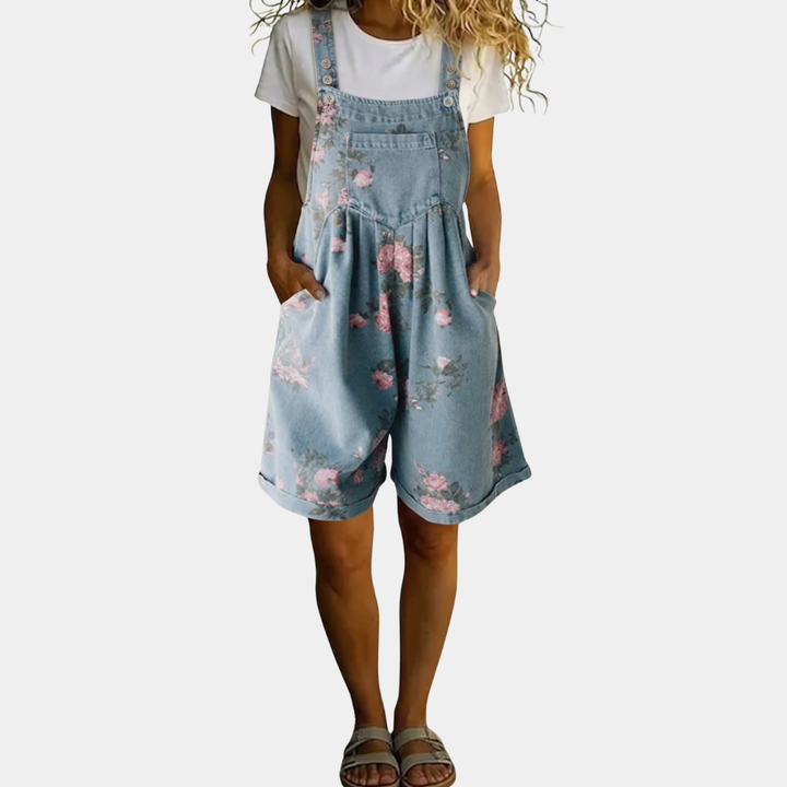 Judy | Salopette Florale en Denim Délavé Vintage Douceur Coton