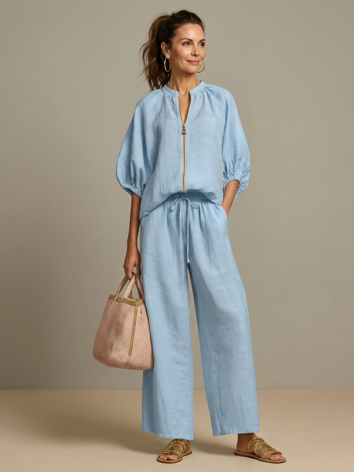 Natalia | Top Blouson avec Zip et Pantalon à Jambe Large