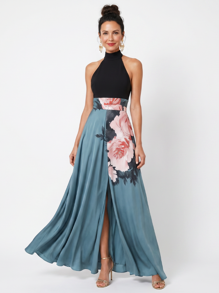 Olympus | Robe Maxi Halter Corsage Ajusté Jupe Florale