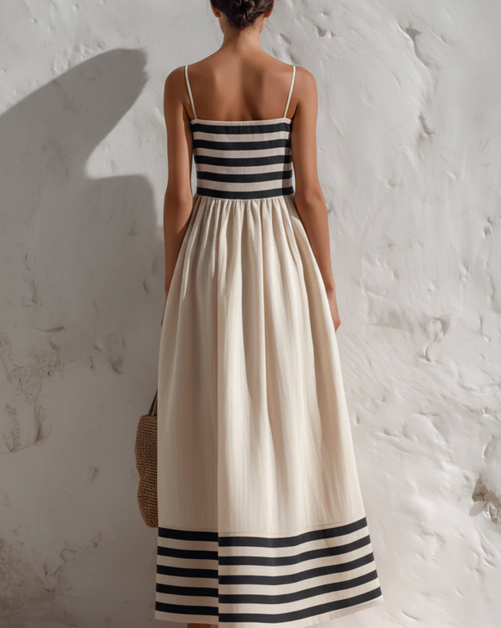 Ortensia | Robe longue à rayures noires et beige à fines bretelles