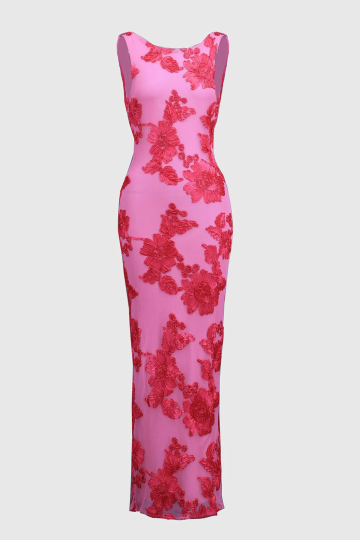 Robe Longue Florale Ajustée à Encolure Ronde