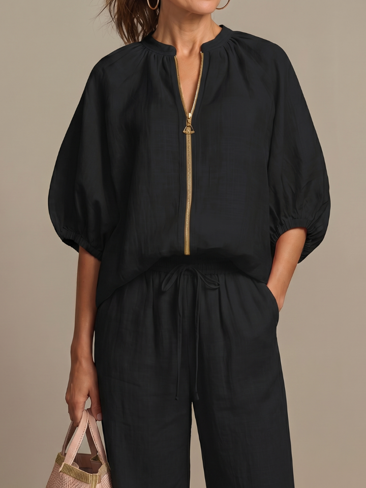 Natalia | Top Blouson avec Zip et Pantalon à Jambe Large
